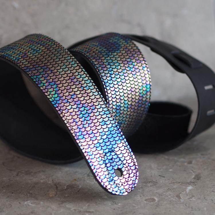 美国代购Rainbow◇手作个性油滑彩虹美人鱼鳞片黑色皮革吉他背带