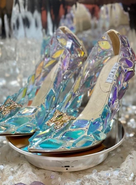 加拿大代购Glass◇手作灰姑娘水晶鞋蓝紫色新娘高跟鞋闪亮婚礼鞋