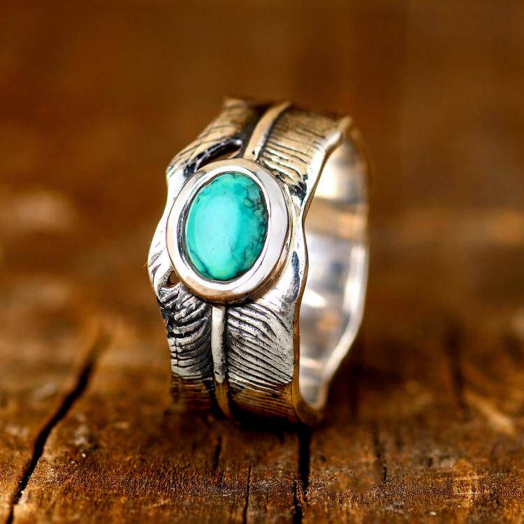 美国代购Turquoise㊣ 手作复古氧化纯银雕刻羽毛镶嵌绿松石戒指