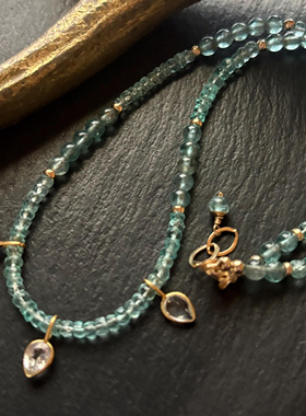 美国代购Necklace◎手作蓝绿色磷灰石天然白托帕石镀金吊坠项链