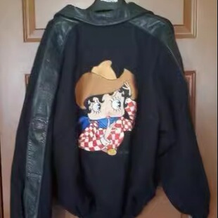 美国代购 古着1993年收藏羊毛皮革拼接卡通刺绣夹克外套 Jacket㊣