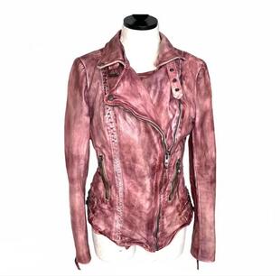 英国代购 外套女士真皮皮衣 Biker◇手作复古粉色机车皮夹克修身