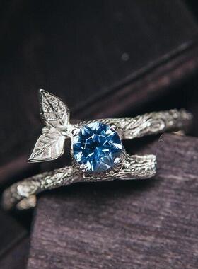 纯银复古坦桑石宝石镶嵌戒指枝叶