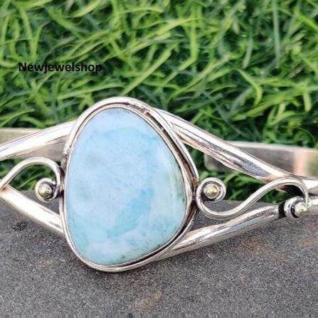 Larimar㊣海外代购 手作迷人美丽天然拉利玛石镶嵌开口纯银手镯