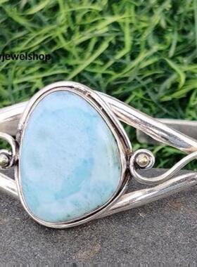 Larimar㊣海外代购 手作迷人美丽天然拉利玛石镶嵌开口纯银手镯