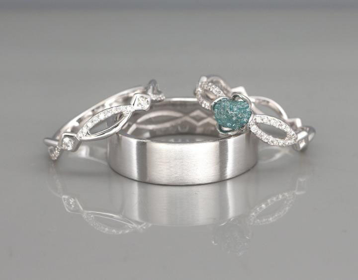 海外代购Diamond◇手作天然蓝色钻石原石镶嵌14K金结婚戒指套装