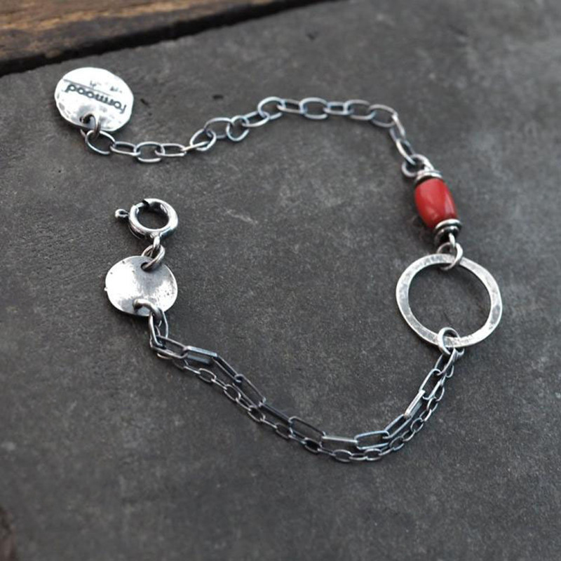 波兰代购Silver◇手作复古简约红色串珠银环银盘氧化纯银女士手链
