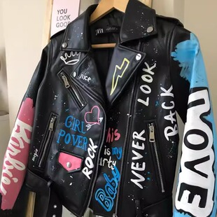 土耳其代购 手作定制文字彩绘翻领皮革摩托车夹克皮衣 Jacket㊣