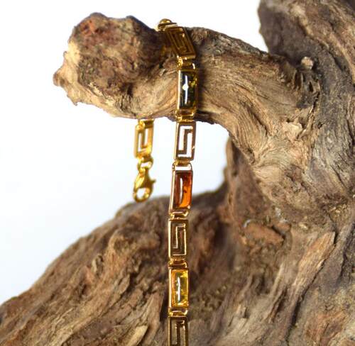 精致天然波罗海琥珀纯银镀金手链