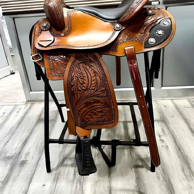 海外代购Saddle◇手作复古雕花真皮皮革套索西部马具绕桶赛马马鞍
