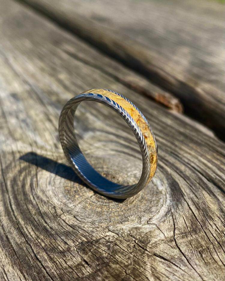 意大利代购Rings㊣ 手作简约精致趣味艺术金箔琥珀镶嵌不锈钢戒指