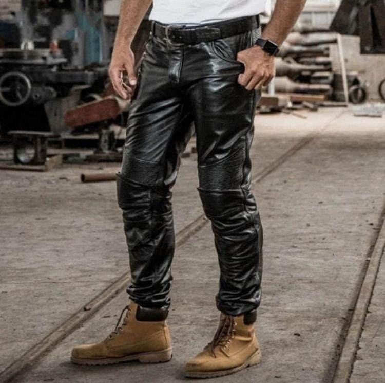 Trousers㊣英国代购 手作迷人时尚机车款绗缝黑色真皮长款皮裤