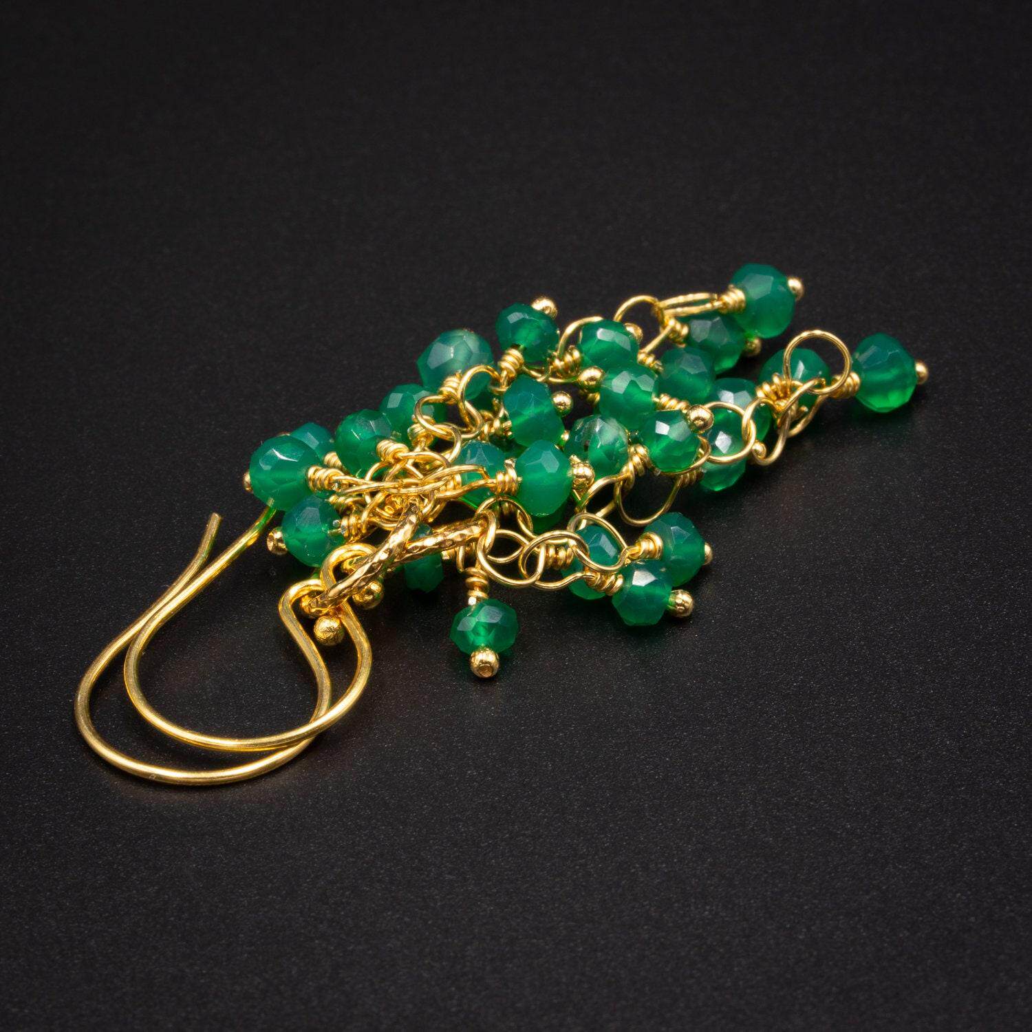 英国代购Earrings㊣ 手作华丽雅致翠绿玛瑙宝石串珠瀑布镀金耳环
