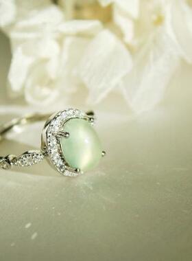 Prehnite㊣美国代购 手作迷人精美锆石绿色葡萄石镶嵌925纯银戒指
