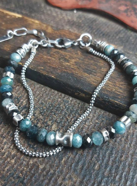 中性纯银复古蓝色碧玺宝石手链