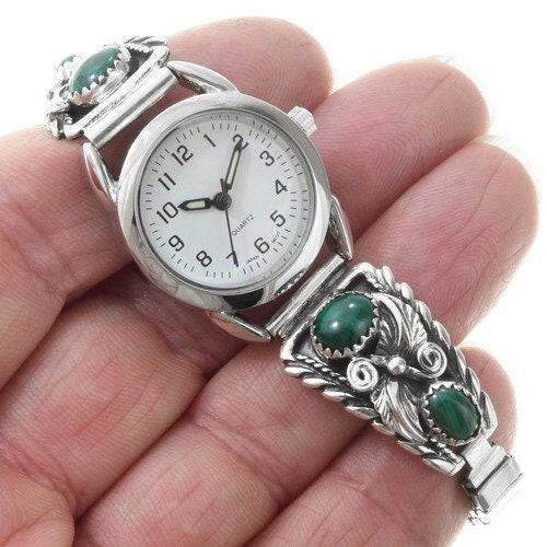 美国代购Bracelet 手作优雅华丽绿色孔雀石镶嵌手镯女士腕表
