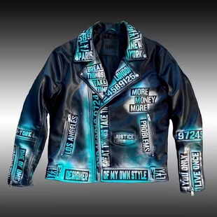 德国代购 手作哥特朋克彩绘海景字母定制皮革夹克皮衣 Jacket㊣