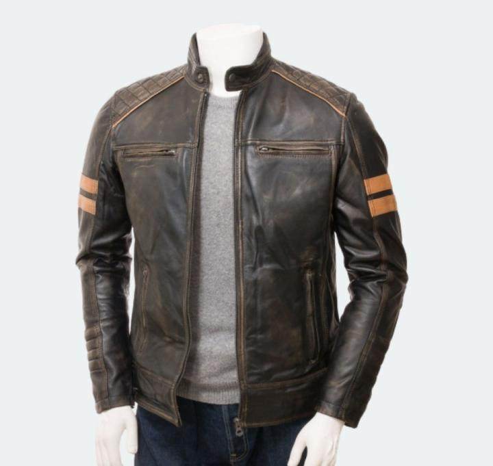 澳大利亚代购Cowhide㊣ 手作精致橙色条纹长袖摩托车骑士男士皮衣