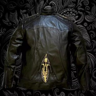 夹克皮衣 手作哥特朋克黄铜铆钉皮革连帽修身 德国代购 Jacket㊣