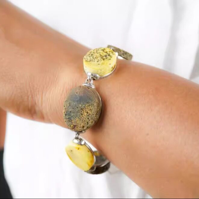 加拿大代购Bracelet㊣ 手作优雅椭圆形波罗海琥珀镶嵌纯银手链