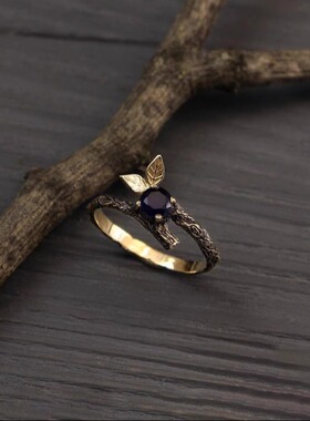 蓝宝石纯银雕刻精致叶子树枝戒指