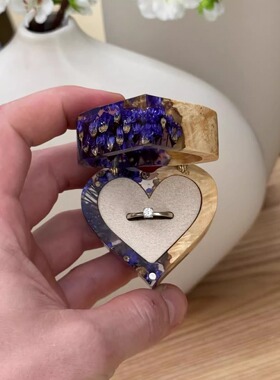 土耳其代购Wedding◎手作环氧树脂花紫色花卉方形实木求婚戒指盒