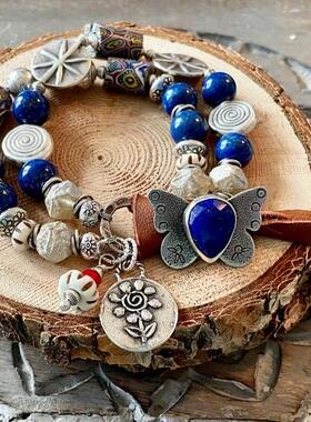 美国代购Lapis◇手作复古波西米亚青金石镶嵌纽扣蝴蝶花朵银手链
