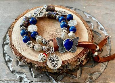 部落纯银青金石纽扣蝴蝶花朵手链