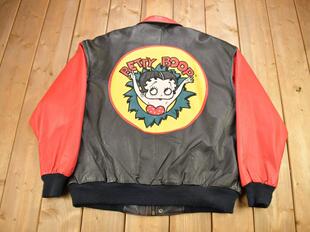 加拿大代购Jacket古着复古1996卡通刺绣拼接色块真皮夹克棒球服