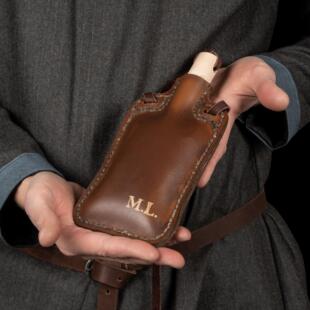 波兰代购Sewn◇手作复古中世纪棕色植物鞣皮革缝制露营皮水袋皮囊