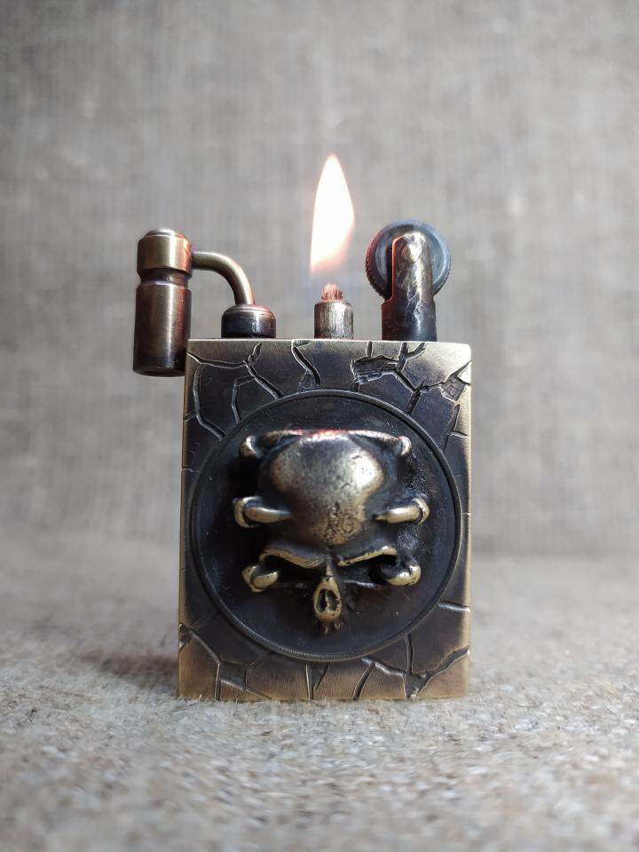 海外代购Skull◇手作复古蒸汽朋克骷髅方形艺术镇纸黄铜打火机