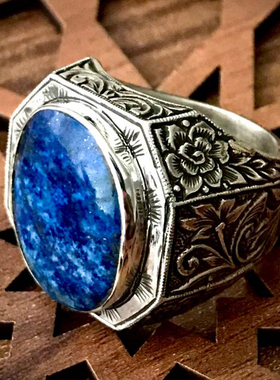 土耳其代购Lapis◇手作复古椭圆青金石宝石镶嵌纯银雕刻艺术戒指