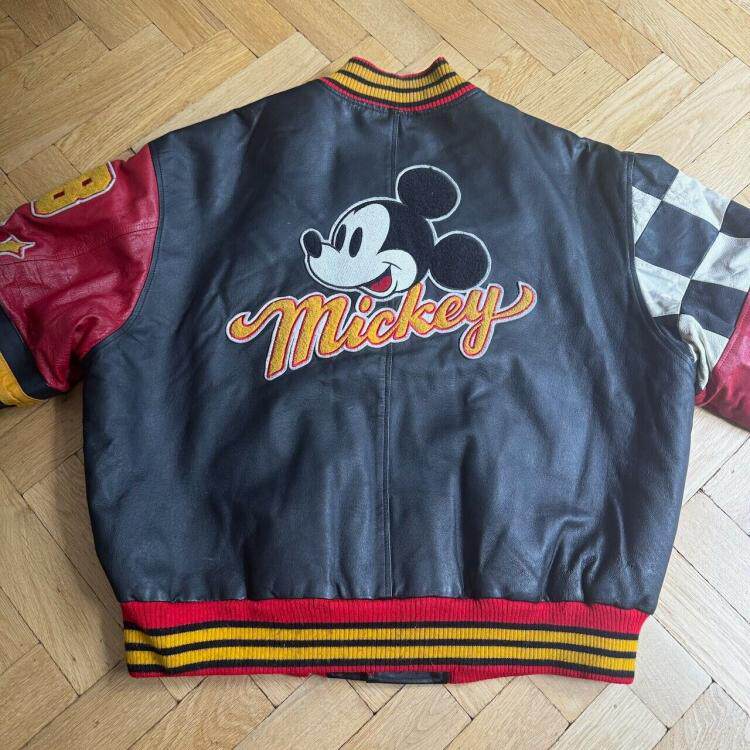 英国代购Leather ▼古着1990 年代米老鼠米奇红黑色皮革校队夹克