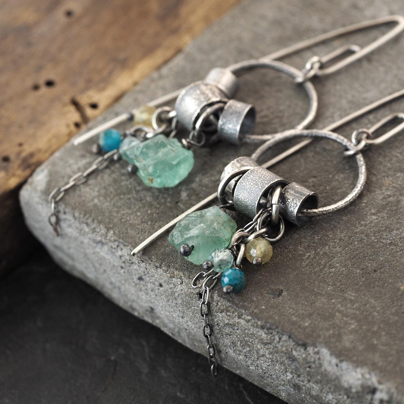 波兰代购Silver◇手作复古原始宝石吊坠磷灰石环形氧化纯银耳环