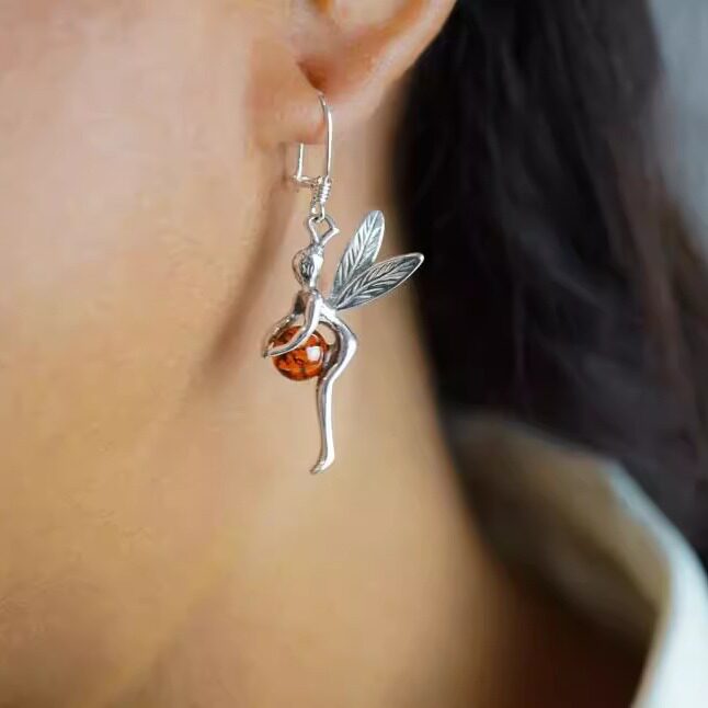 加拿大代购Earrings㊣ 手作精美波罗海琥珀镶嵌纯银小仙女耳环