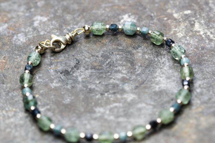 PARAIBA㊣美国代购 手作迷人美丽绿色蓝色碧玺串珠14K实金手链