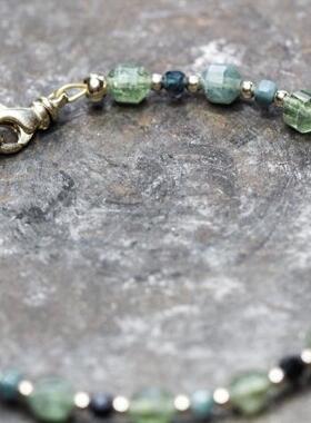 PARAIBA㊣美国代购 手作迷人美丽绿色蓝色碧玺串珠14K实金手链