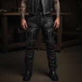 皮裤 长裤 Black◇手作朋克黑色真皮银色铆钉搭扣带男士 泰国代购