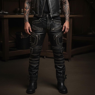 皮裤 长裤 Black◇手作朋克黑色真皮银色铆钉搭扣带男士 泰国代购
