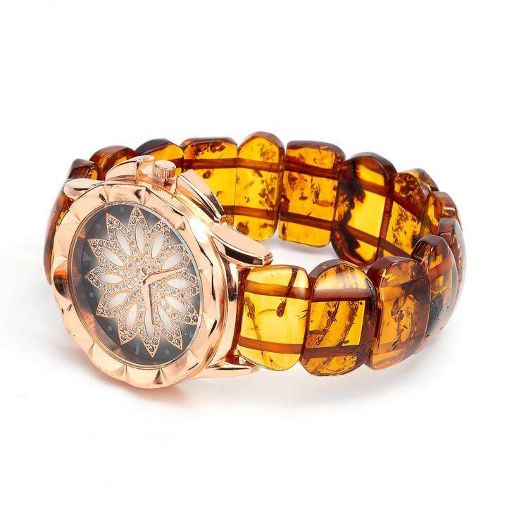 俄罗斯代购Watch㊣ 手作天然琥珀水晶花卉图案镀金表盘手表腕表