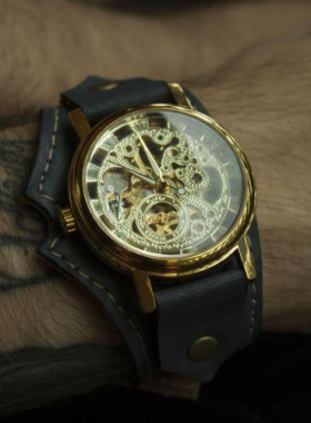 俄罗斯代购Watch㊣ 手作复古金色钢表壳蓝灰色表带机械手表腕表