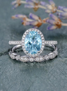 14K玫瑰金天然海蓝宝石戒指套装