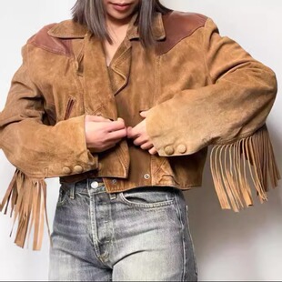 棕色皮革流苏夹克皮衣 古着80年代简约短款 意大利代购 Jacket㊣