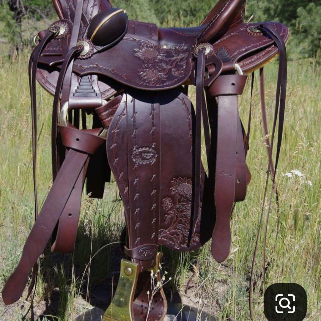 海外代购Saddle◇手作深棕色皮革真皮花卉雕刻西部套索马术马鞍