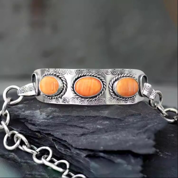 美国代购Bracelet㊣ 手作复古氧化925纯银镶嵌橙色牡蛎手链手镯