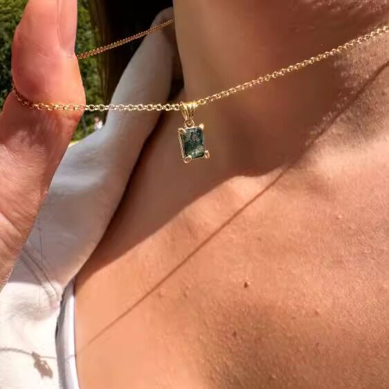 美国代购Moss◇手作别致真正天然苔藓玛瑙镶嵌宝石纯银镀金项链