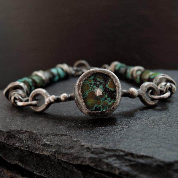 波兰代购Bracelet㊣ 手作简约精致复古925氧化纯银绿松石串珠手链