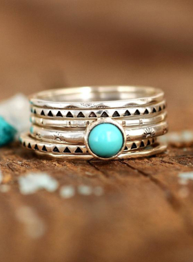 纯银复古绿松石镶嵌戒指叠戴6个