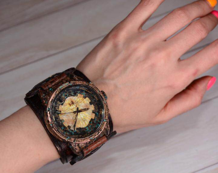 俄罗斯代购Steampunk㊣ 手作蒸汽朋克手绘怪物猎人做旧皮革腕表