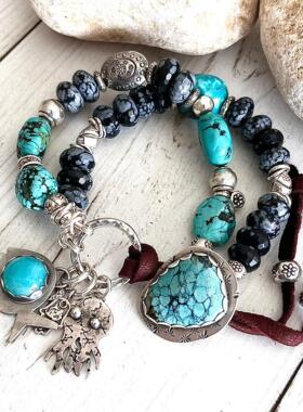 真正绿松石鱼串饰纯银鹿皮手链